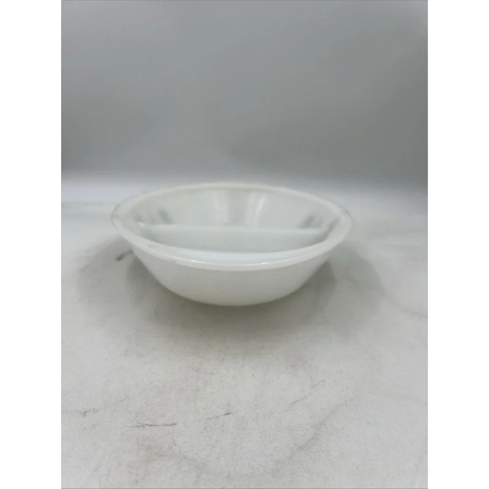 Vintage Glasbake Casserole Dish Milk Glass Divided Green Daisy Pattern J2352